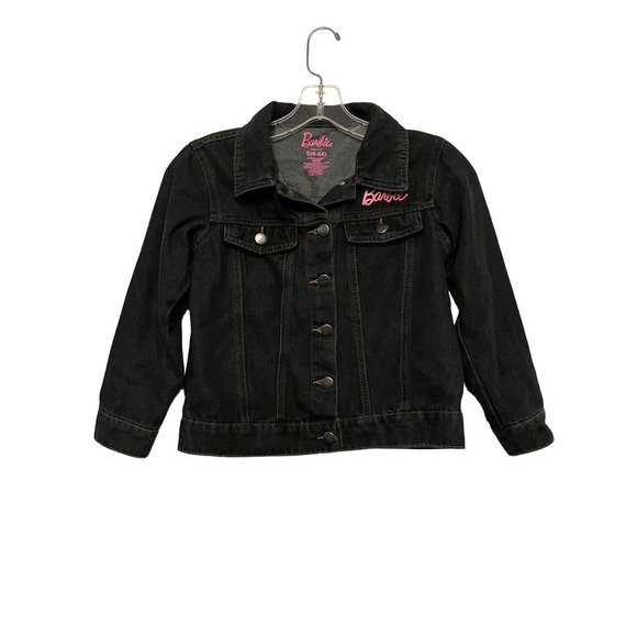 Barbie Dark Indigo‎ Blue Jean Denim Jacket Girls Size 6 6X Pink Button Up Retro - Picture 1 of 3